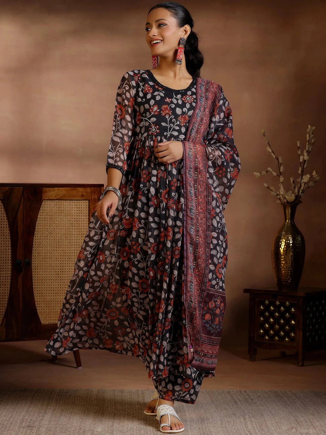 Mameraa Black Printed A-Line Kurta With Palazzos & Dupatta