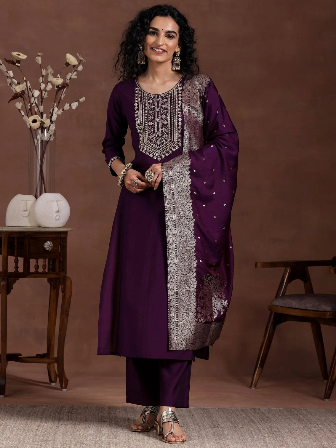 Mameraa Wine Yoke Design Silk Blend Straight Suit With Dupatta