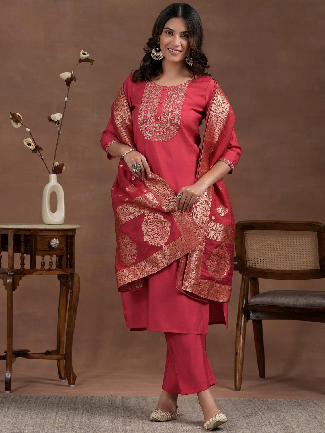 Mameraa Pink Yoke Design Silk Blend Straight Suit With Dupatta