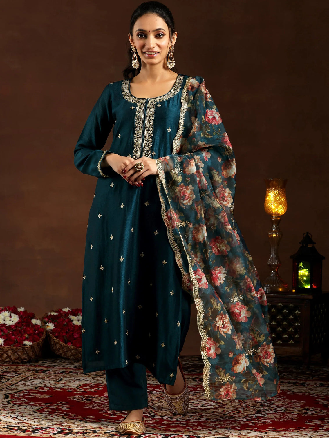 Mameraa Teal Embroidered Silk Blend Straight Suit With Dupatta