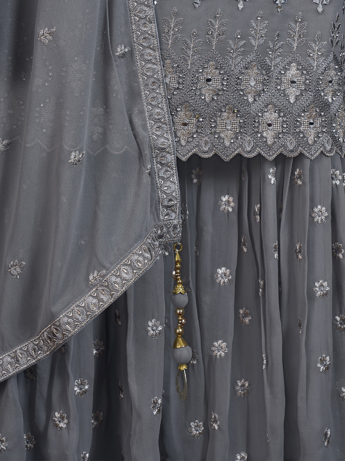 Stylish Embroidered Grey Georgette Stitched Kurta Set