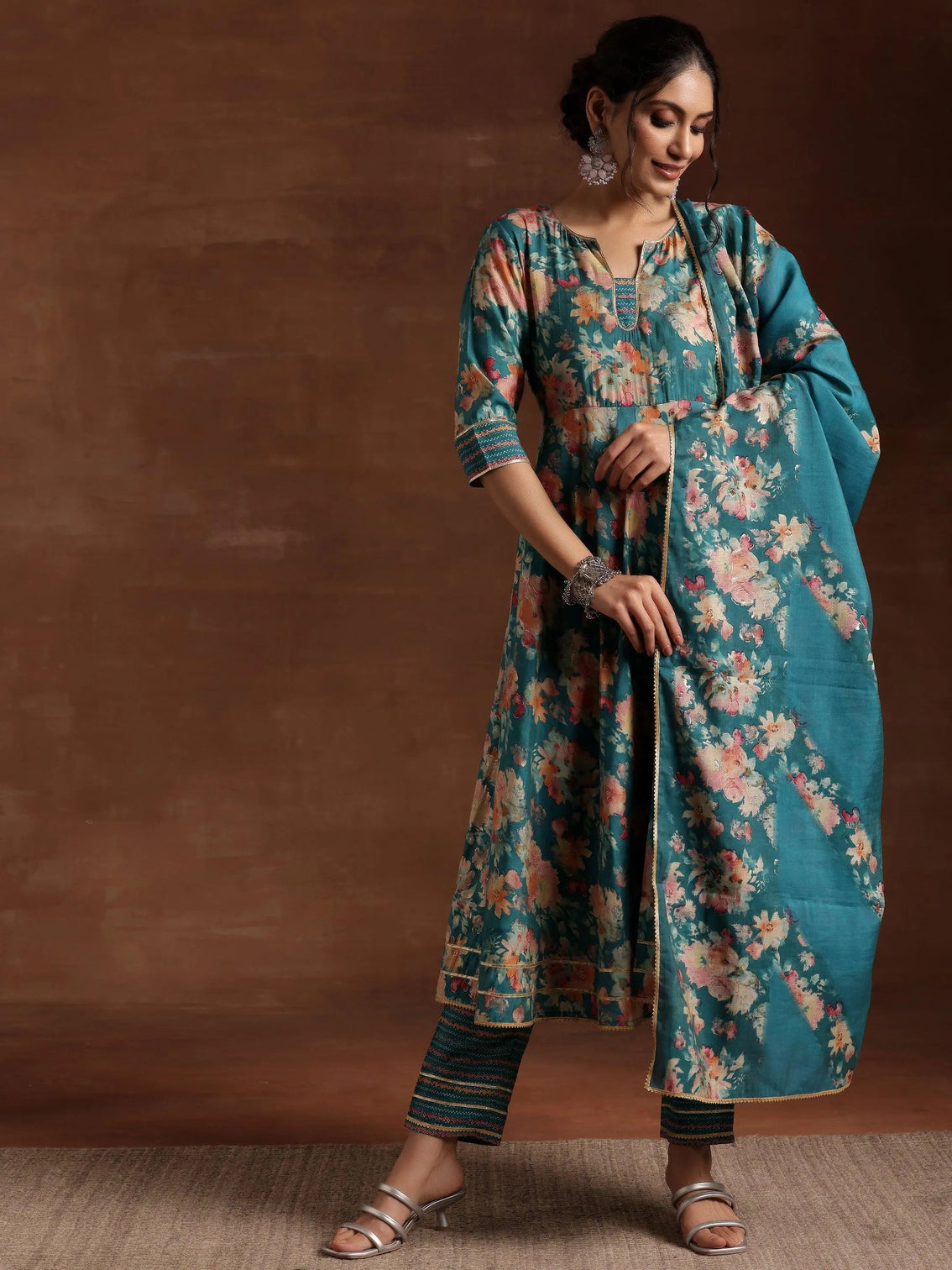 Mameraa Blue Printed Silk Blend Anarkali Suit With Dupatta