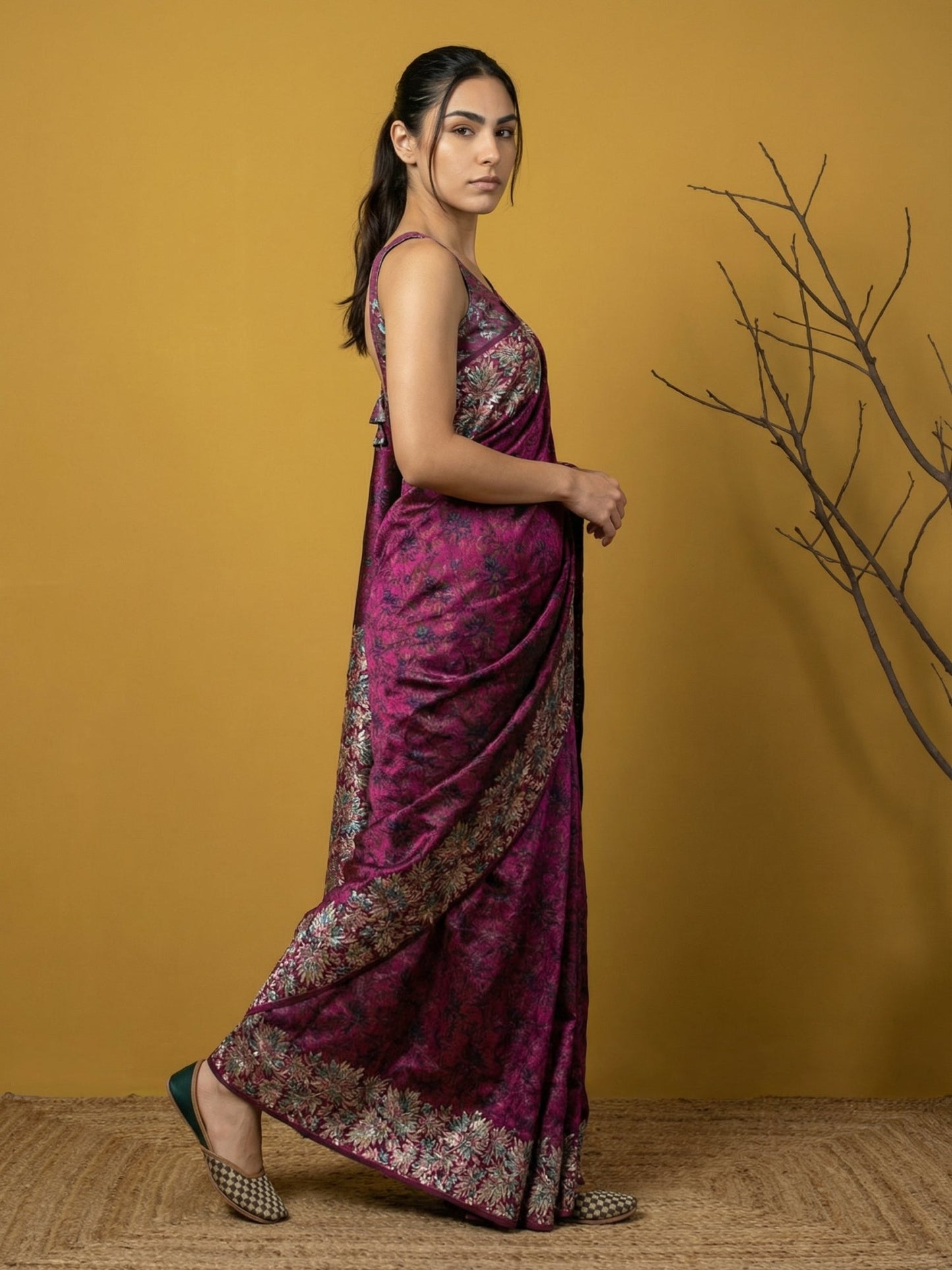 Soft Silk Printed Floral Saree with Rainbow Zari Woven Pallu and Contrast Blouse Festive Party Wear Saree