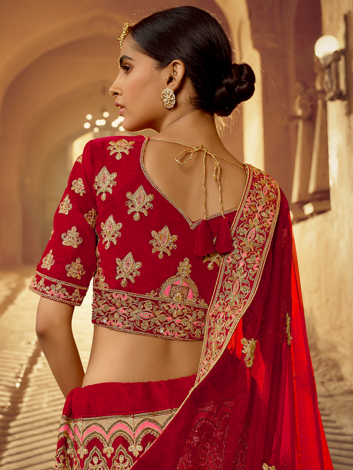 Red Velvet Semi Stitched Lehenga With Unstitched Blouse