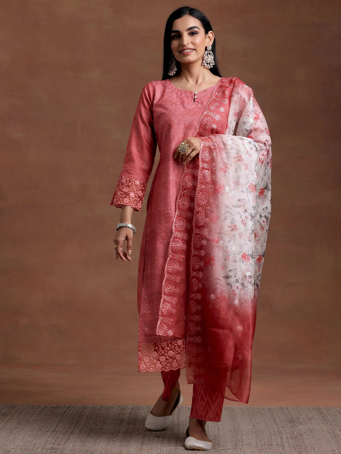 Mameraa Peach Embroidered Silk Blend Straight Suit With Dupatta