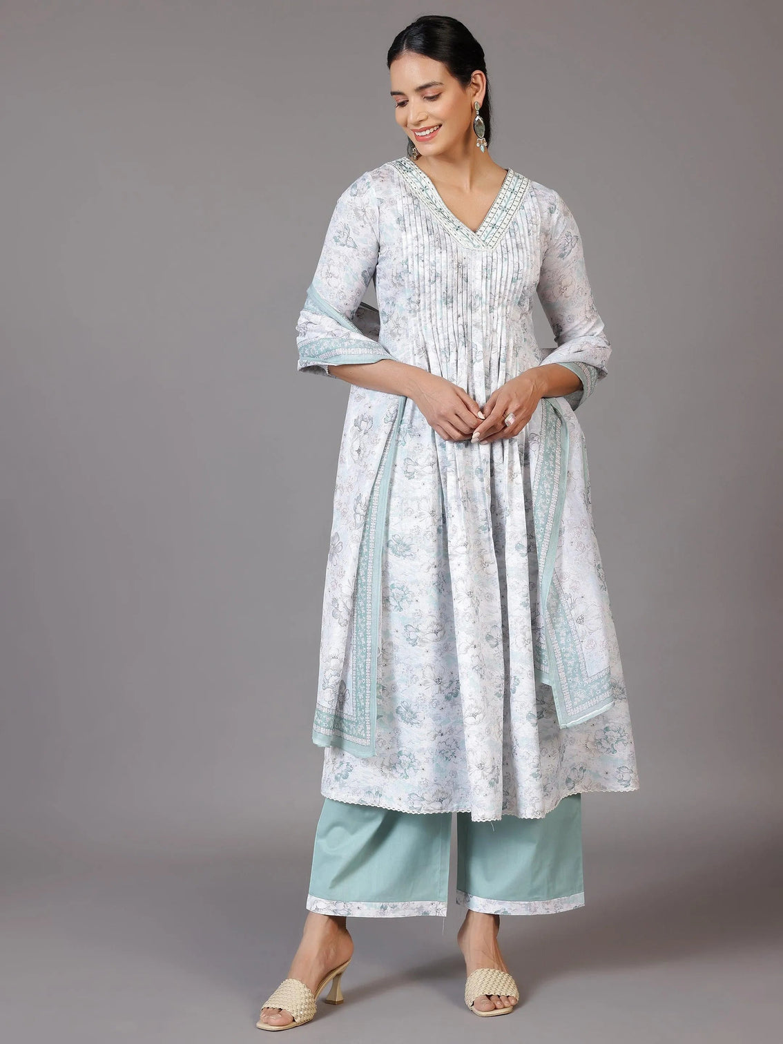 Mameraa Off White Printed Cotton Blend A-Line Kurta With Palazzos & Dupatta