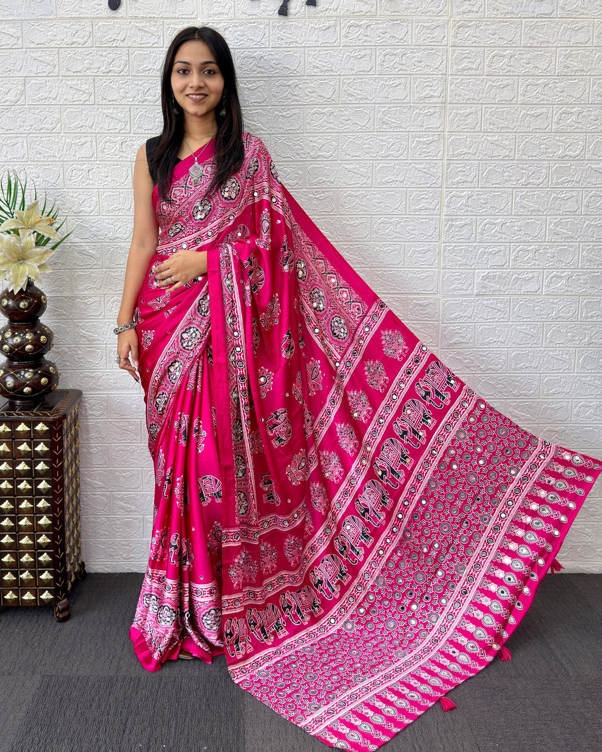 Rani pink modal silk saree with elephant motif ajrakh print designer pallu festive ethnic wear saree mameraa