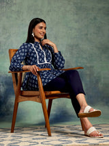 Libas Blue Yoke Design Cotton A-Line Kurti