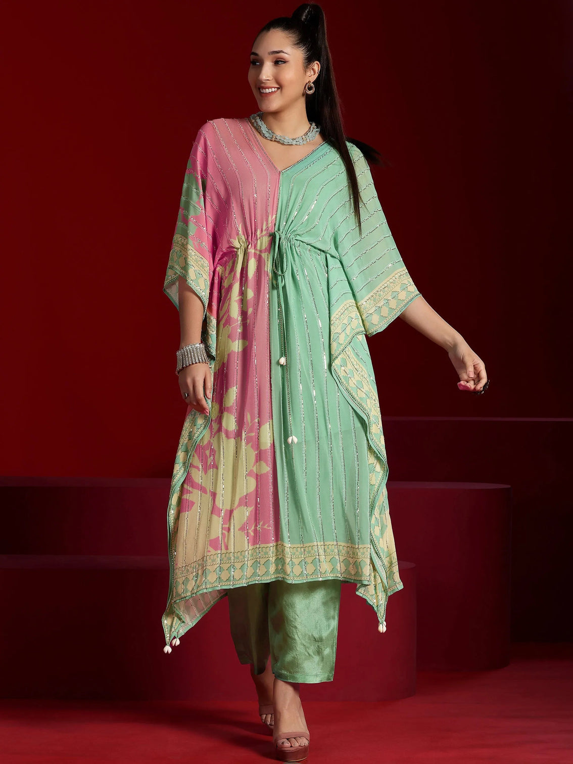 Mameraa Art Sea Green Printed Poly Georgette 3 Piece Co-Ords