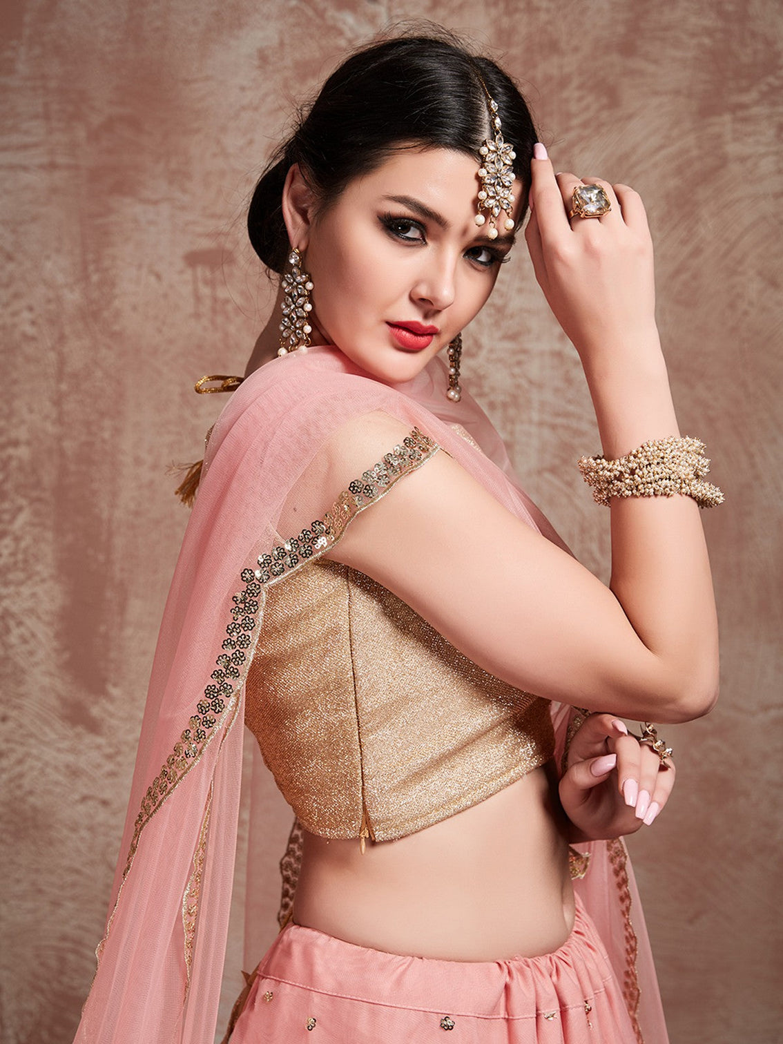 Peach Soft Net Sequins Semi Stitched Lehenga With Unstitched Blouse