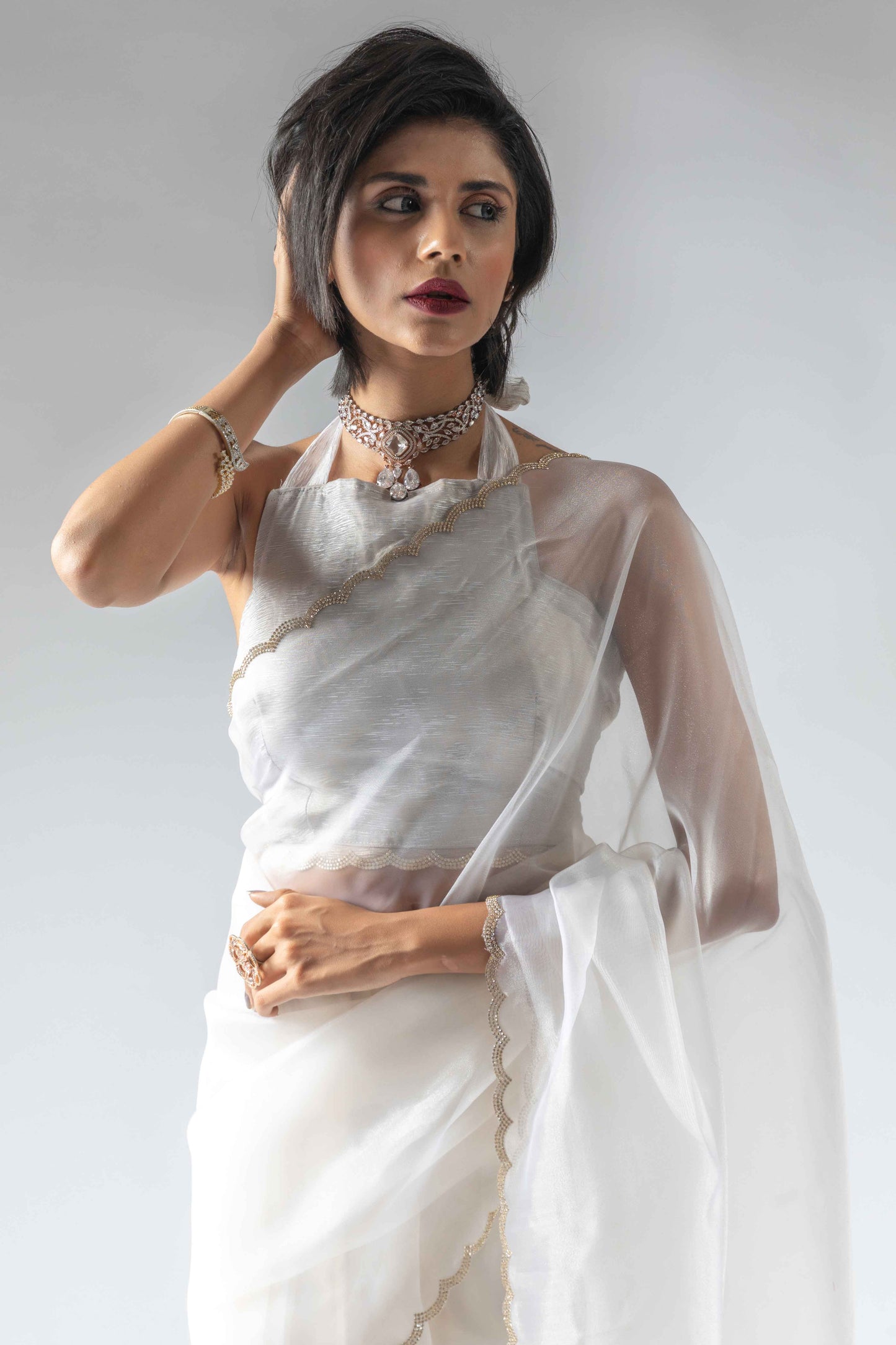 White Solid With Intricate Zarkan Border Organza Ready To Wear Saree