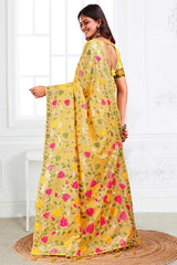 Yellow Linen Cotton Silk  Saree Enhanced With Floral Zari Weaving & Tasselled Pallu Finish