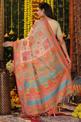 Offwhite Linen Cotton Saree Adorned With Floral Zari Weaving & Tassel Pallu