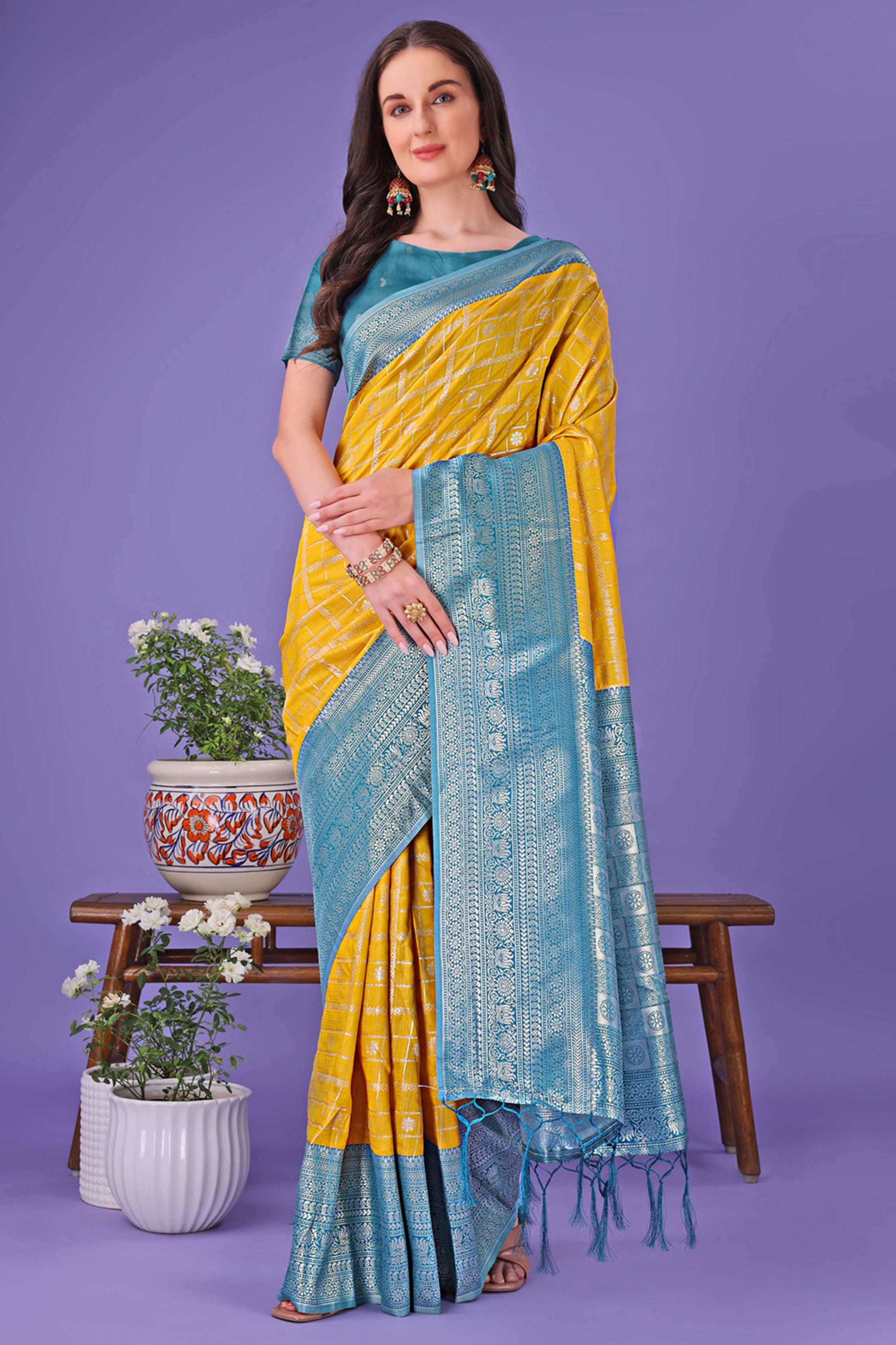 Mustard Banarasi Weave in Checked Design with Lustrous Zari Embellishments