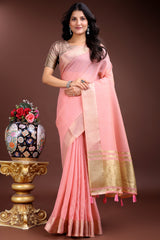 Pink Cotton Silk Saree with Solid Zari Woven Accent and Tassels