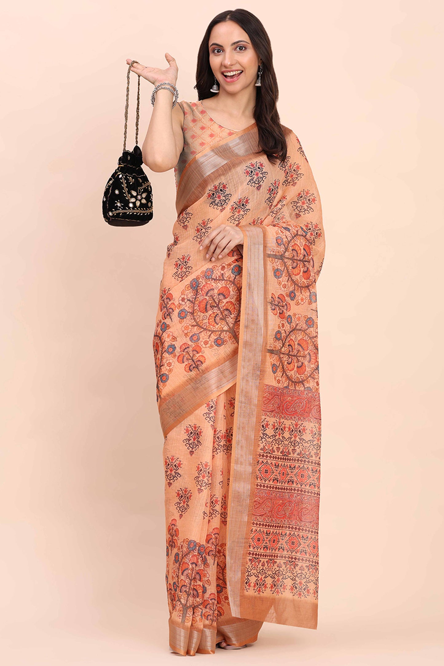 Orange Linen Cotton Saree Featuring Floral Prints & Woven Border
