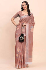 Brown Linen Cotton Saree Featuring Floral Prints & Woven Border