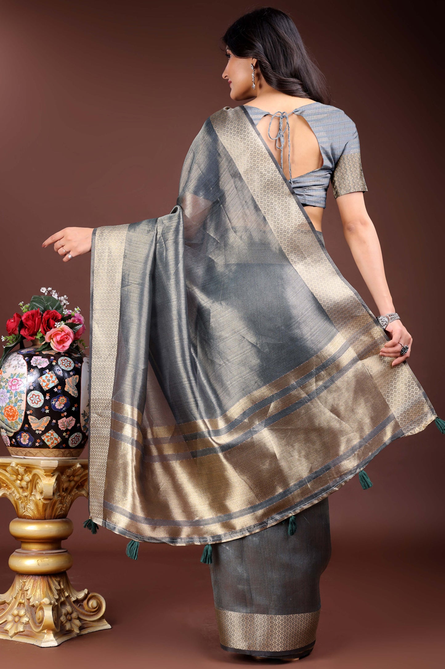 Grey Organza Saree with Zari Border Weaving Trim