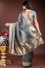 Grey Organza Saree with Zari Border Weaving Trim