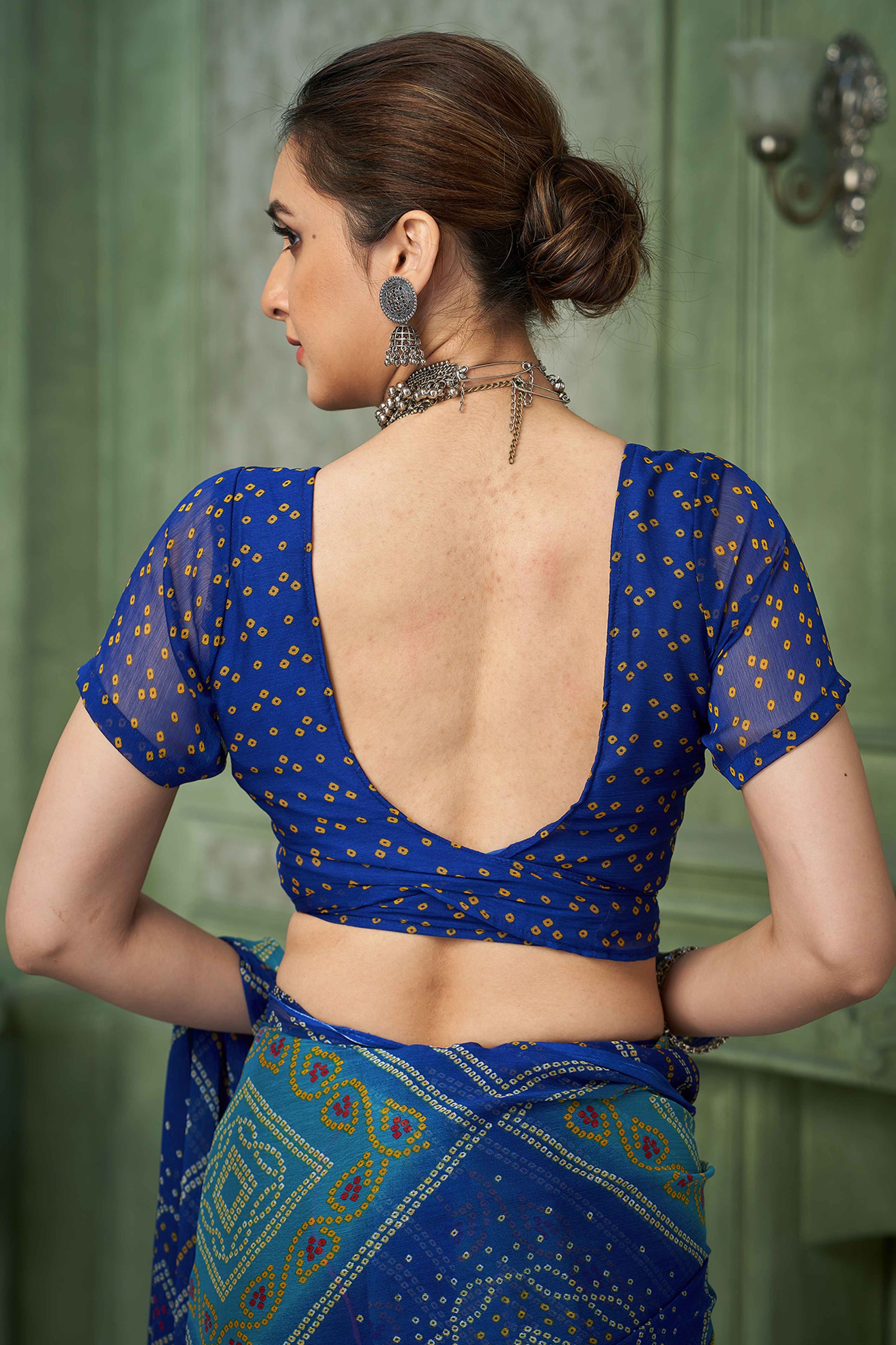 Blue Chiffon Saree Adorned With Traditional Bandhani Print