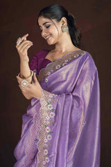 Lavender Organza Saree with Embroidery on the Edges for a Graceful Contemporary Look