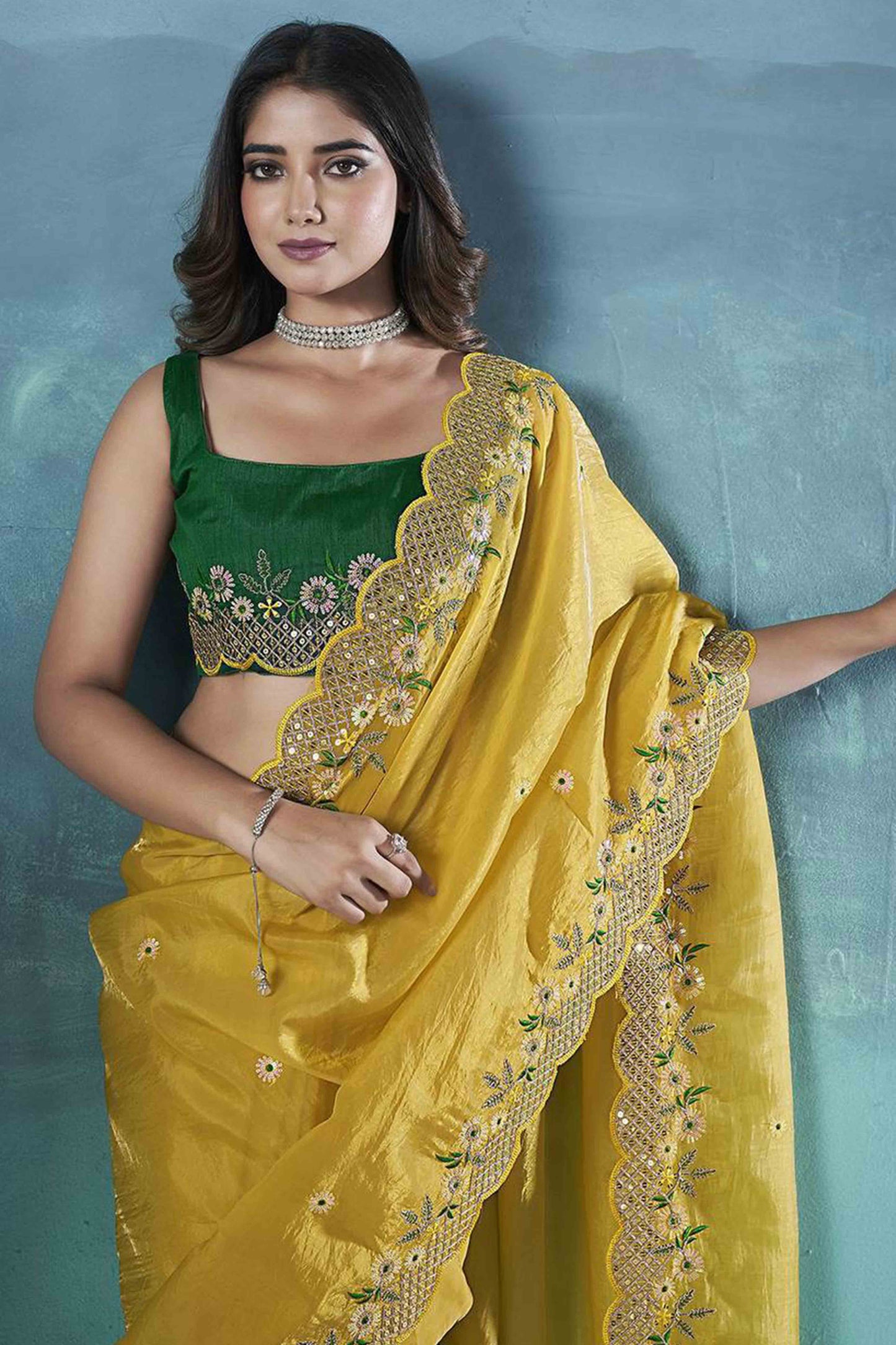 Mustard Organza Saree with Embroidery on the Edges for a Graceful Contemporary Look