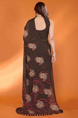 Brown Printed Saree with Zari Woven Charm in Satin Fabric