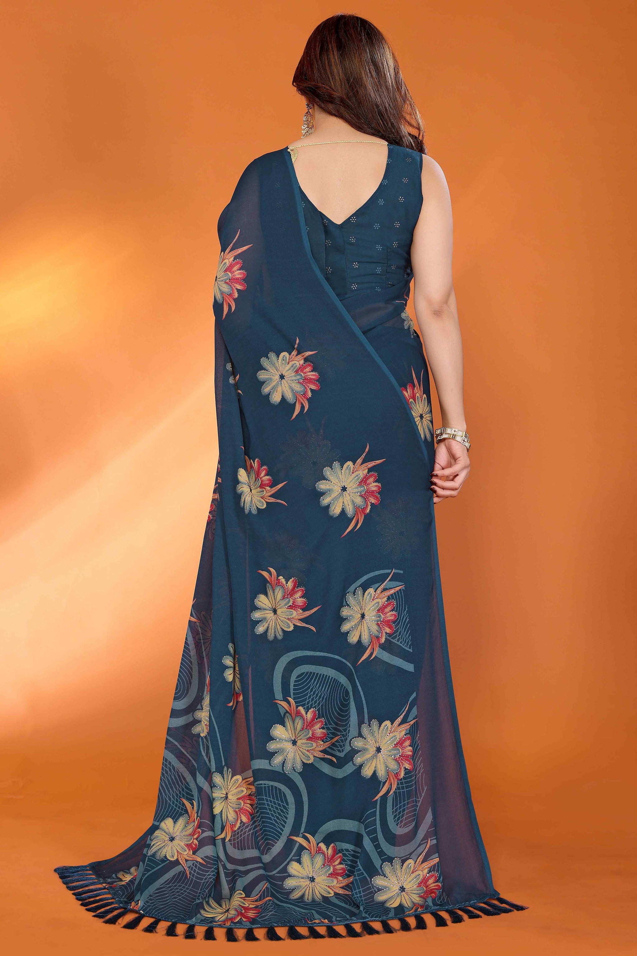 Teal Printed Saree with Zari Woven Charm in Satin Fabric