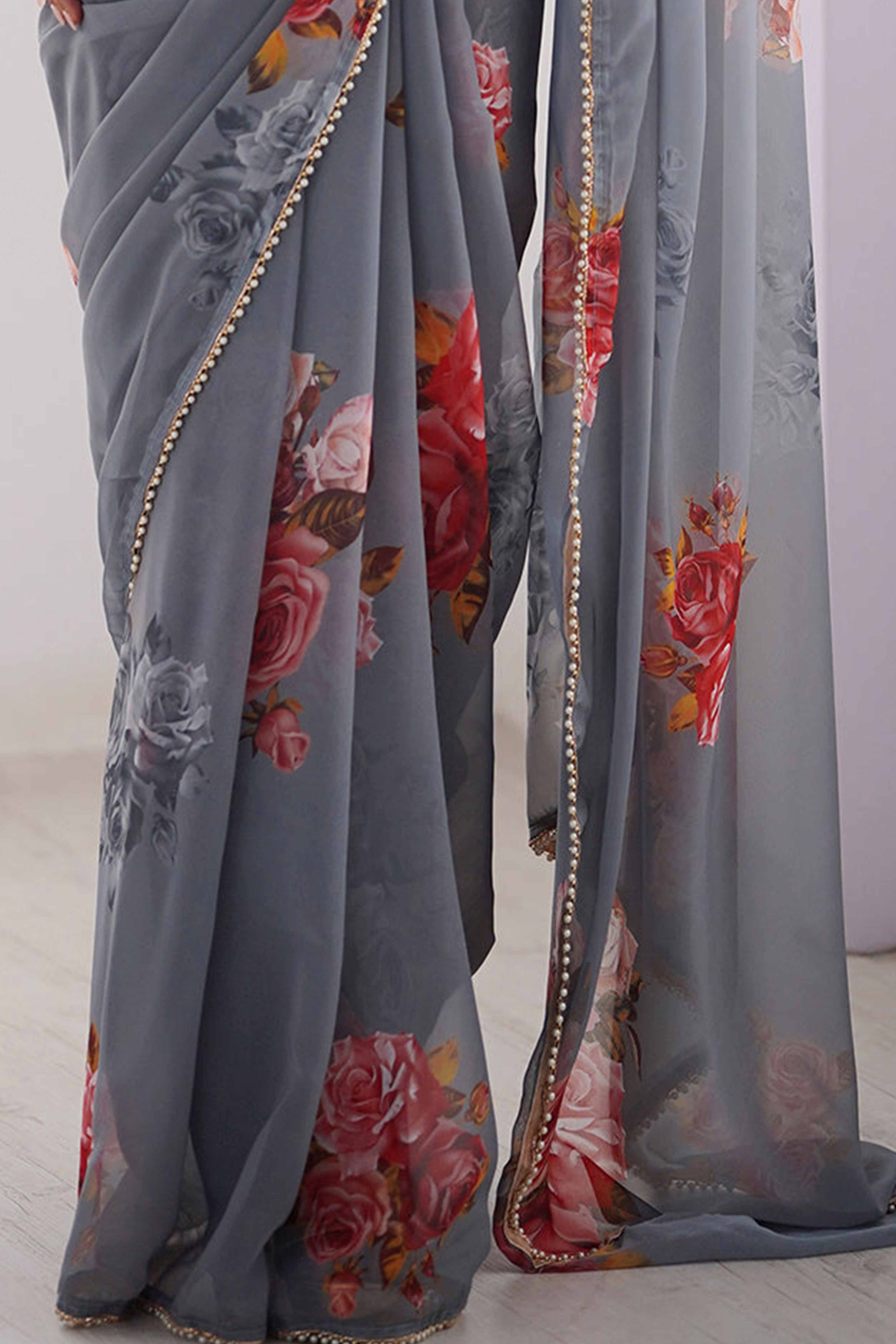 Partywear Grey Georgette Saree with Floral Prints and Bead Work Lace