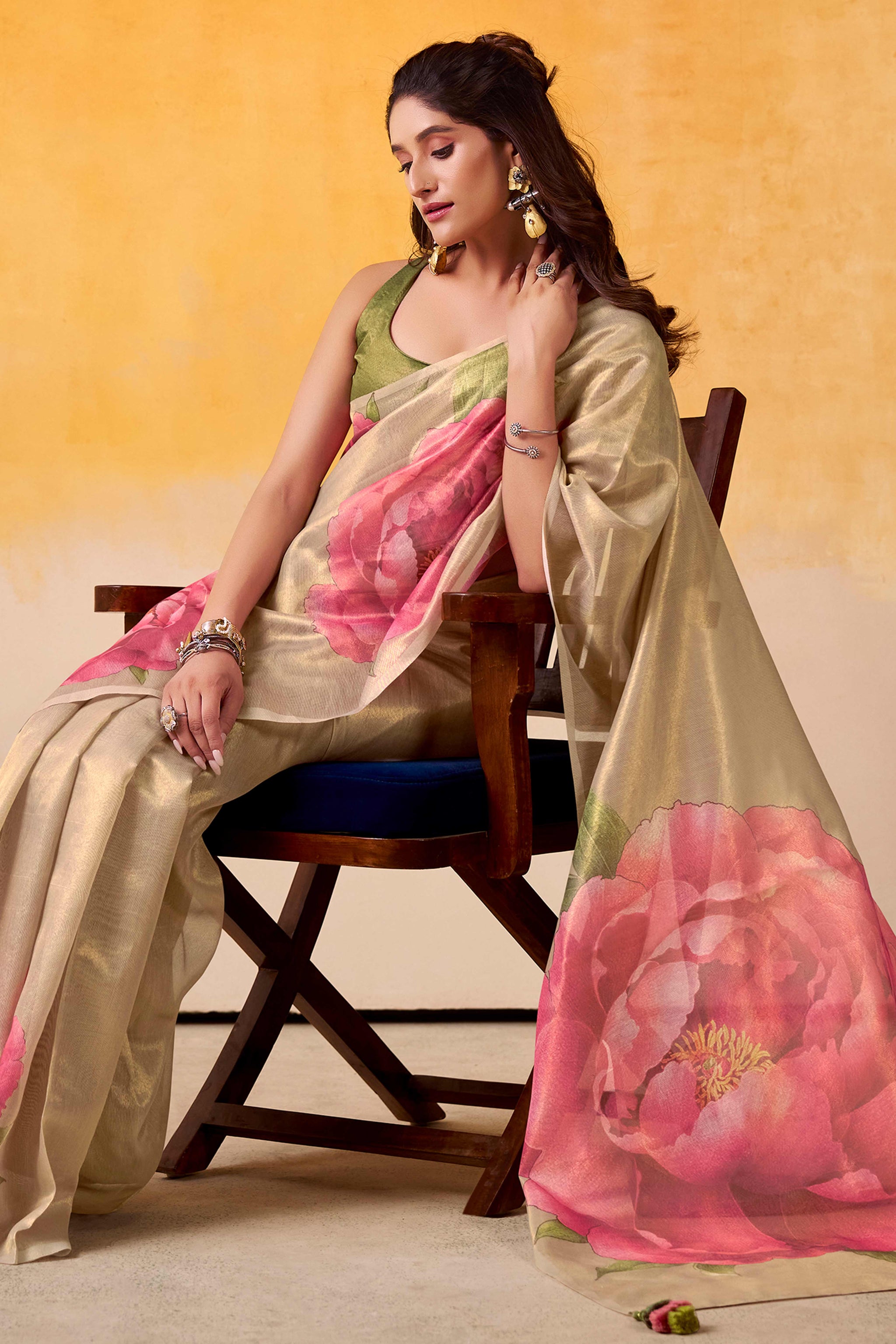 Sophisticated Golden Floral Digital Print Tissue Saree Enhanced With Handmade Tassels