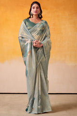 Sophisticated Blue Floral Digital Print Tissue Saree Enhanced With Handmade Tassels