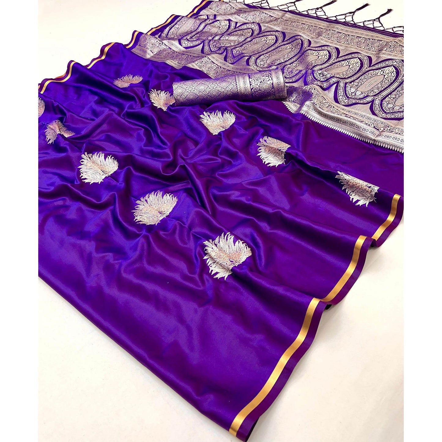 Violet Satin Saree Featuring Intricate Handloom Weaving