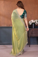 Mint Green Solid Satin Saree with Sequins Work Embroidery Elegant Partywear Drape