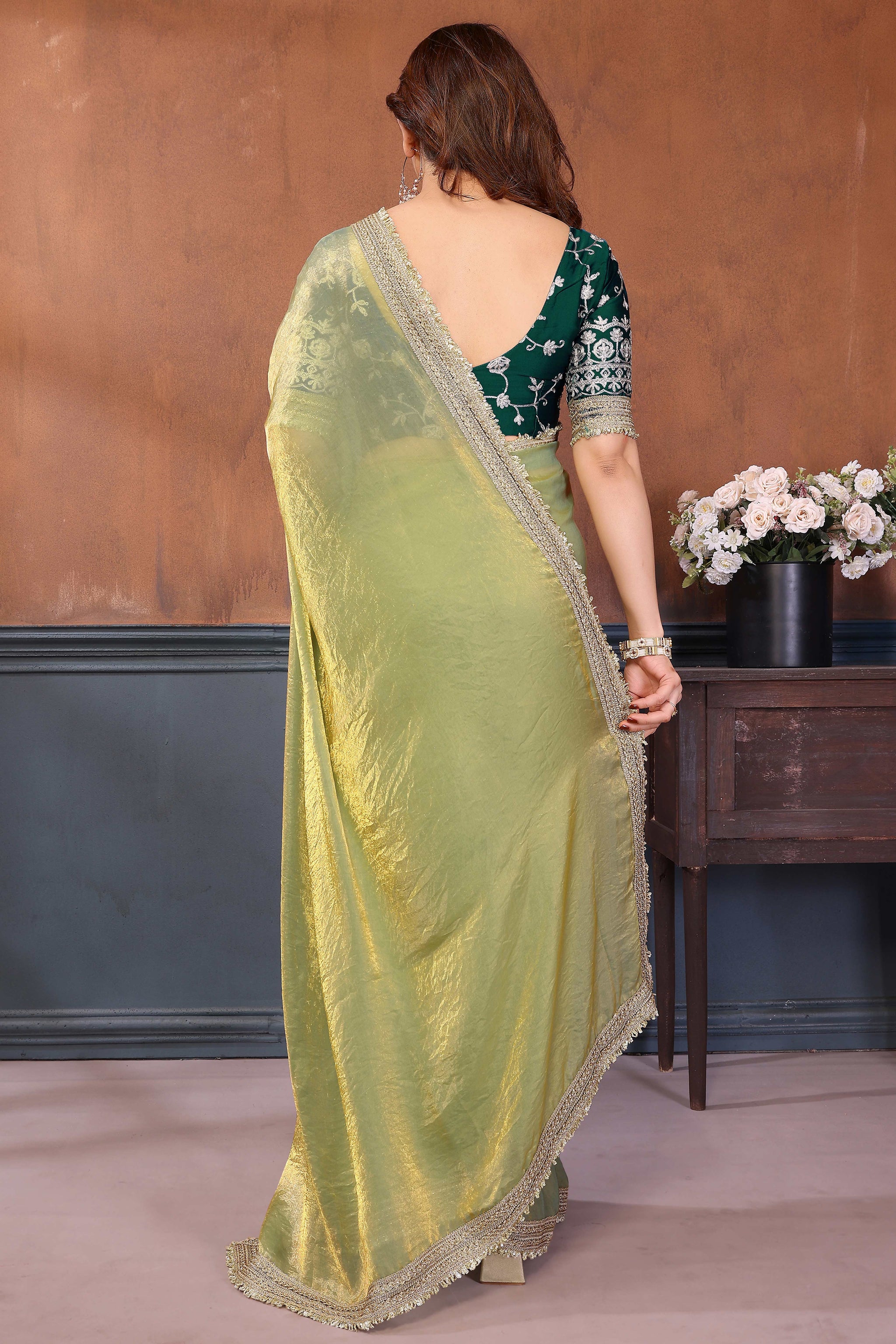 Mint Green Solid Satin Saree with Sequins Work Embroidery Elegant Partywear Drape
