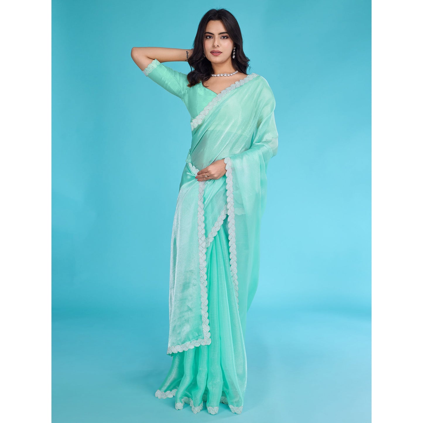 Turquoise Solid With Zarkan & Ceramic Pearl Diamond Lace Tissue Saree
