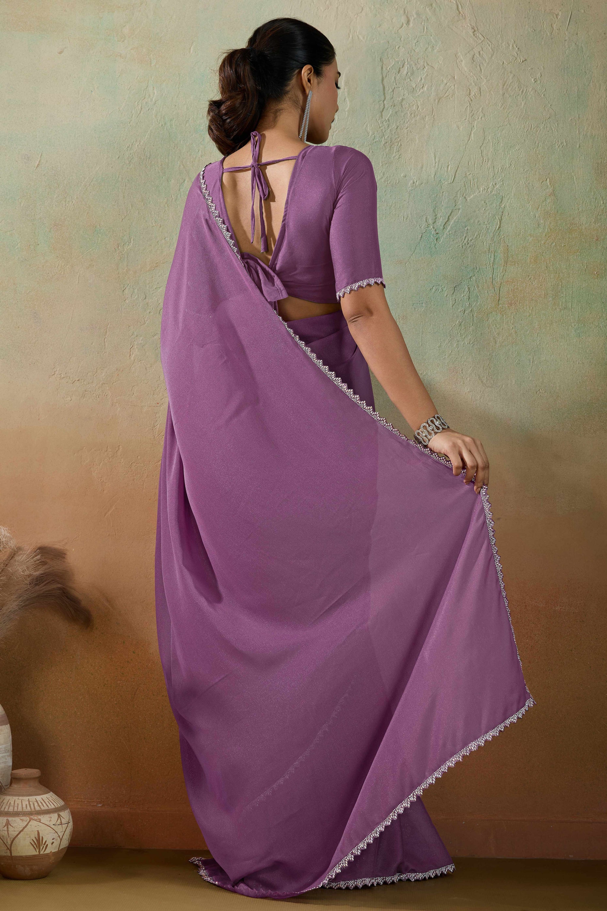 Orchid Purple Solid Matt Georgette Saree With Ceramic Embellished Lace Border