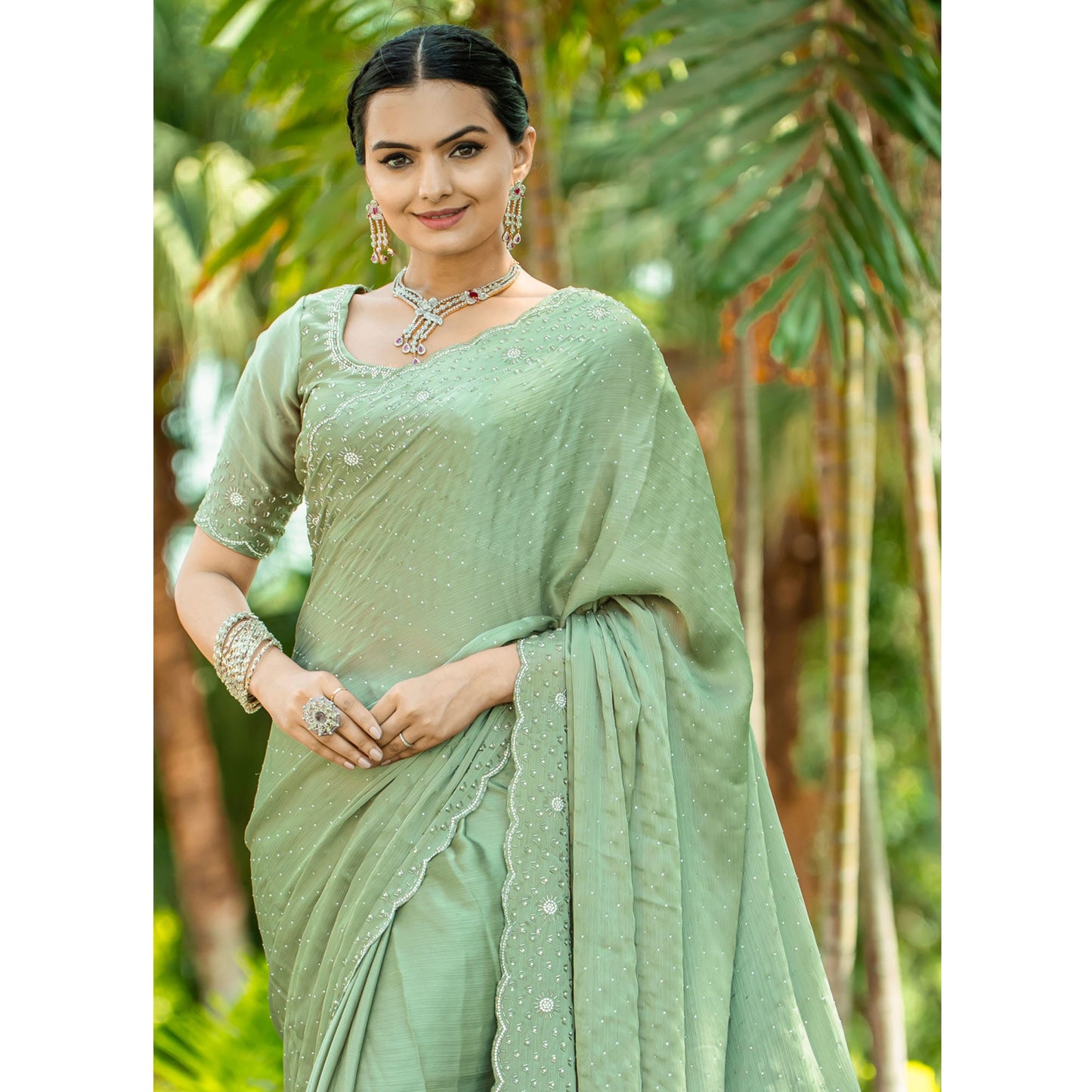 Green Embellished Satin Saree With Stones Work