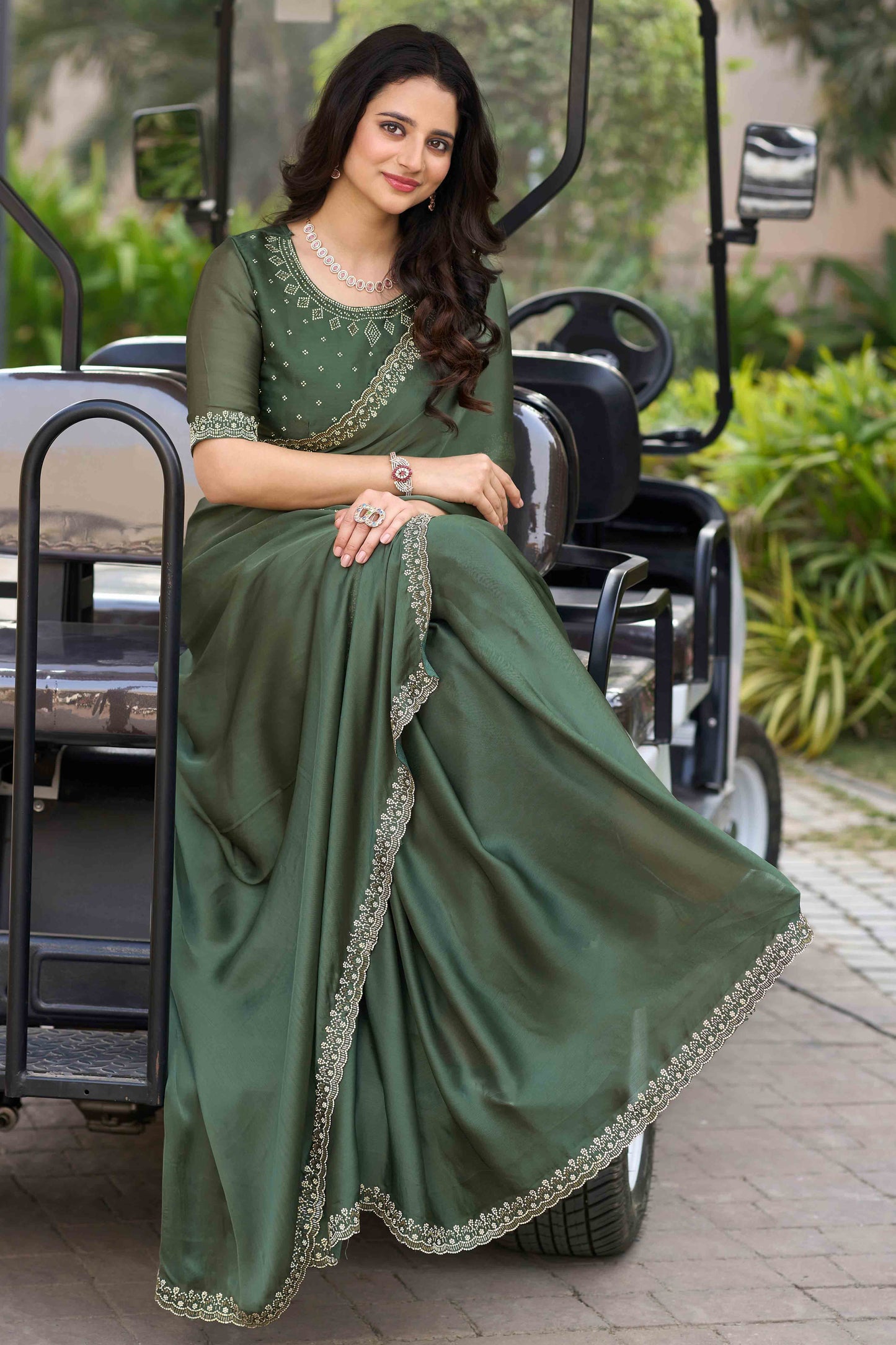 Green Solid Satin Chiffon Saree With Cutdana & Zarkan Handwork