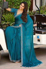 Rama Blue Solid Satin Chiffon Saree With Cutdana & Zarkan Handwork
