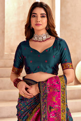 Traditional Teal Rajwadi Weaving Pashmina Silk Saree With Kashmiri Pallu & Elegant Zari Border