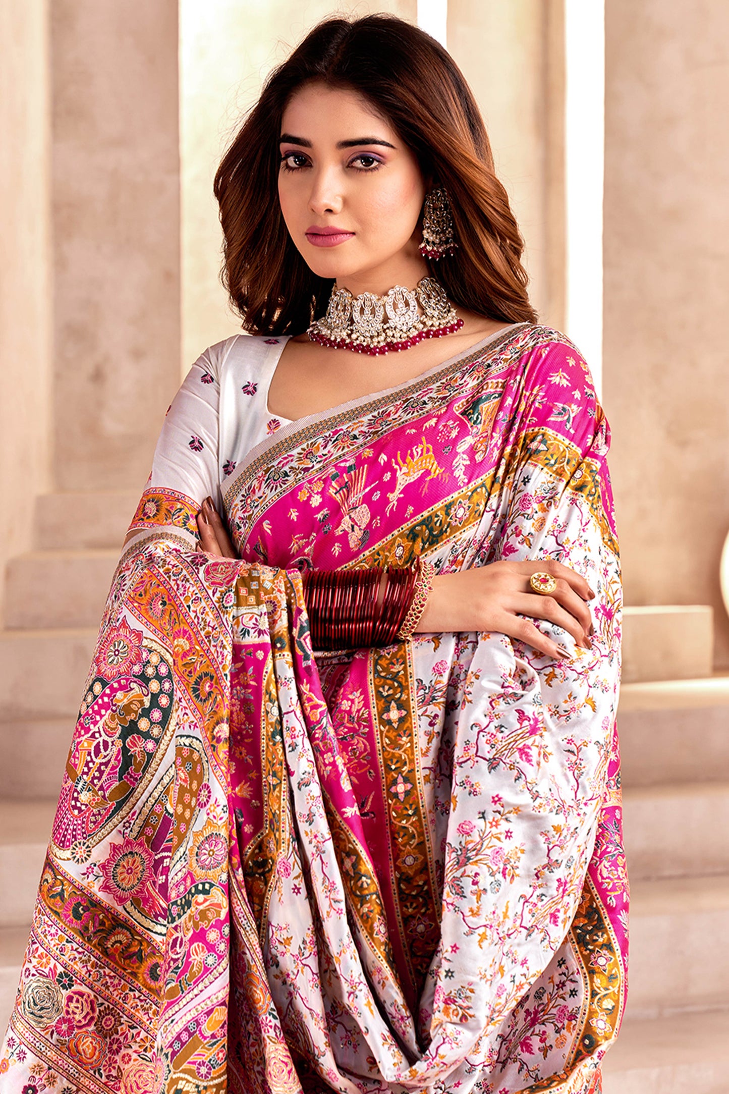 Traditional White Rajwadi Weaving Pashmina Silk Saree With Kashmiri Pallu & Elegant Zari Border