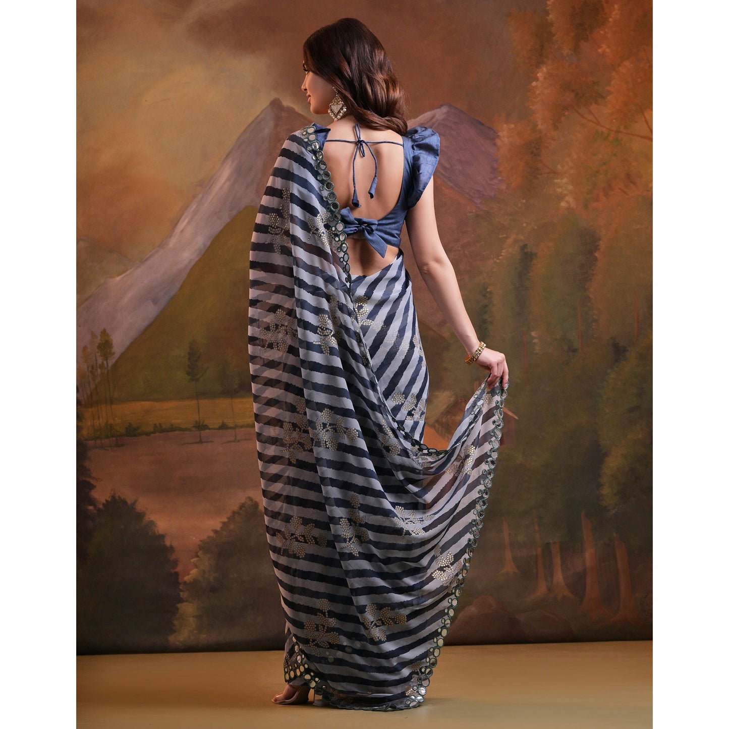 Blue Leheriya With Floral Foil Printed Georgette Saree