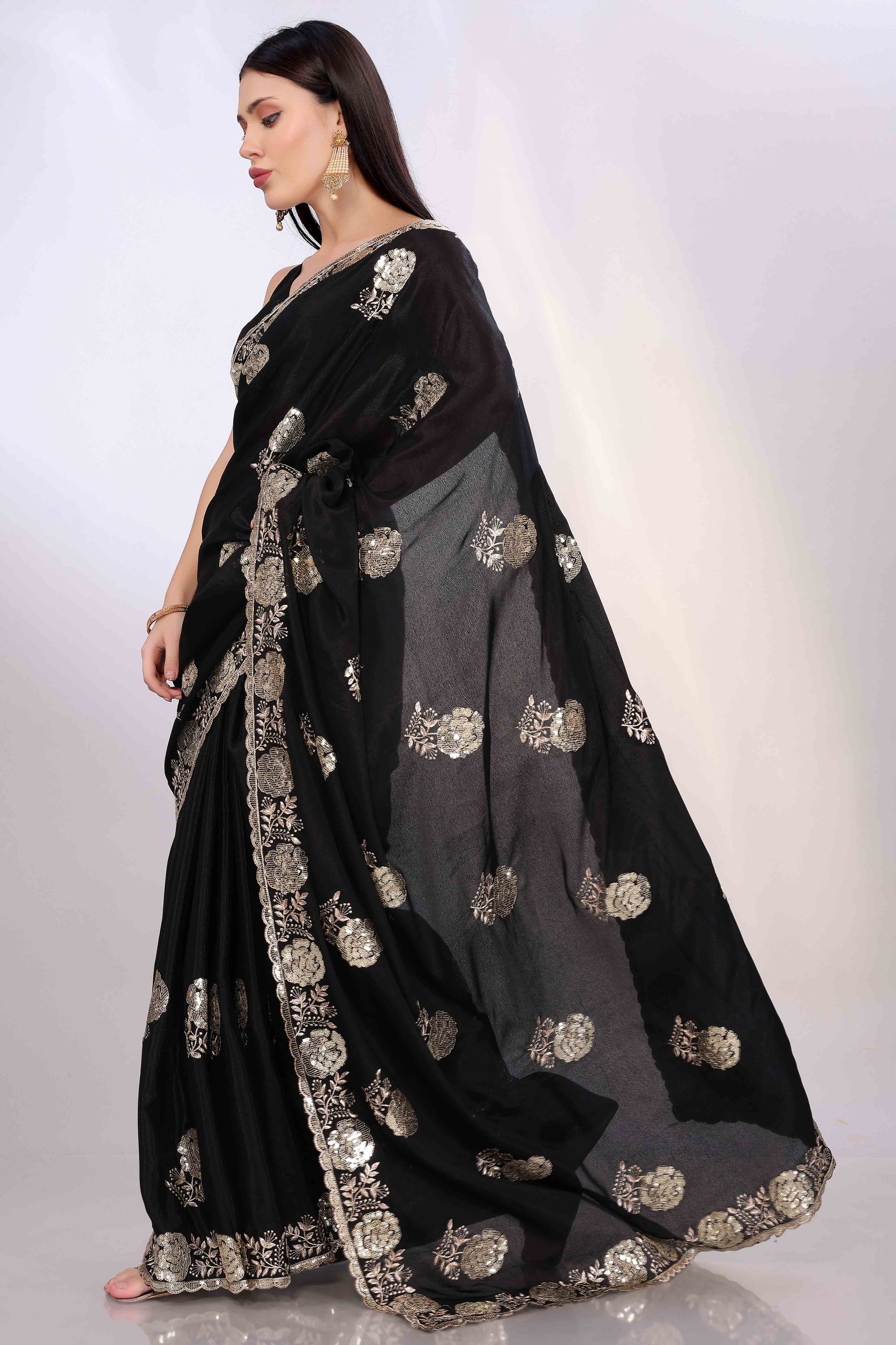 Black Saree Featuring Intricate Floral Embroidery With Sequins On Chinon Silk