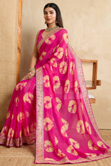 Pink Georgette Saree with Contemporary Tie-Dye Patterns and Classic Lace Work Finish