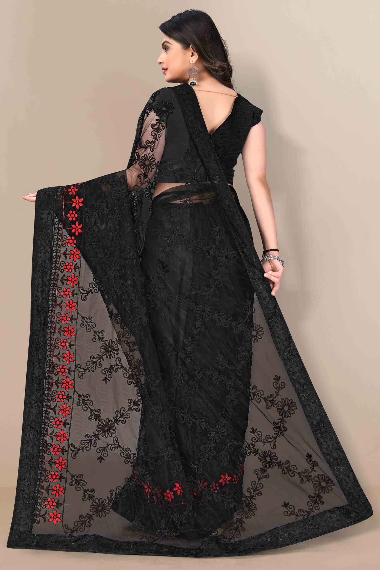 Black Party Wear Net Saree Featuring Rich Floral Embroidery