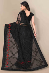 Black Party Wear Net Saree Featuring Rich Floral Embroidery