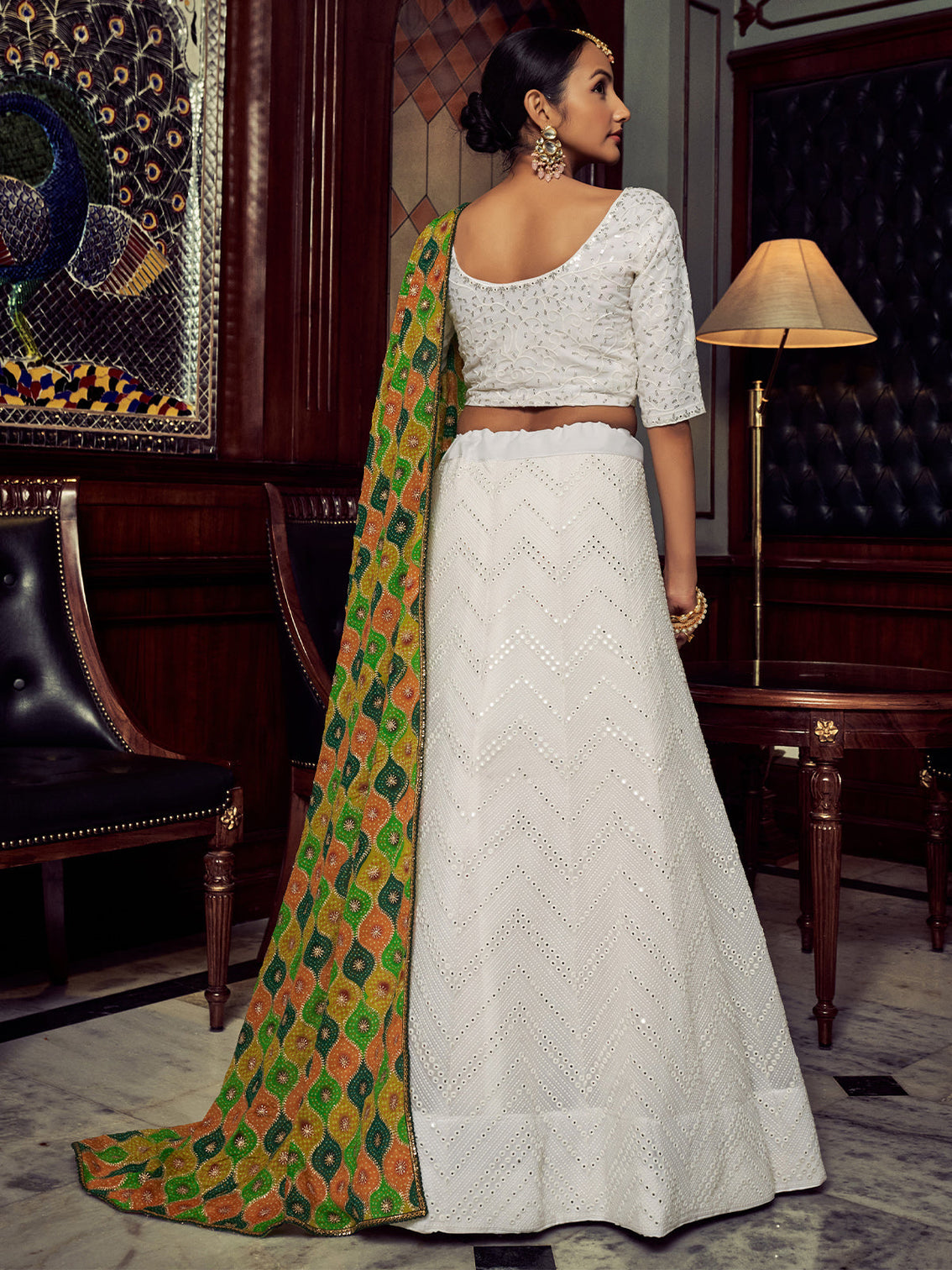White Embroidered Georgette Semi Stitched Lehenga With Blouse Piece