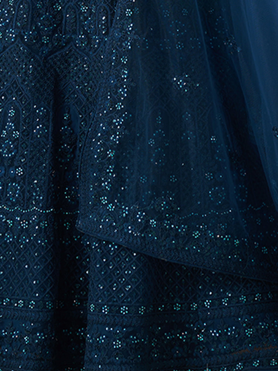 Teal Embroidered Soft Net Semi Stitched Lehenga With Blouse Piece