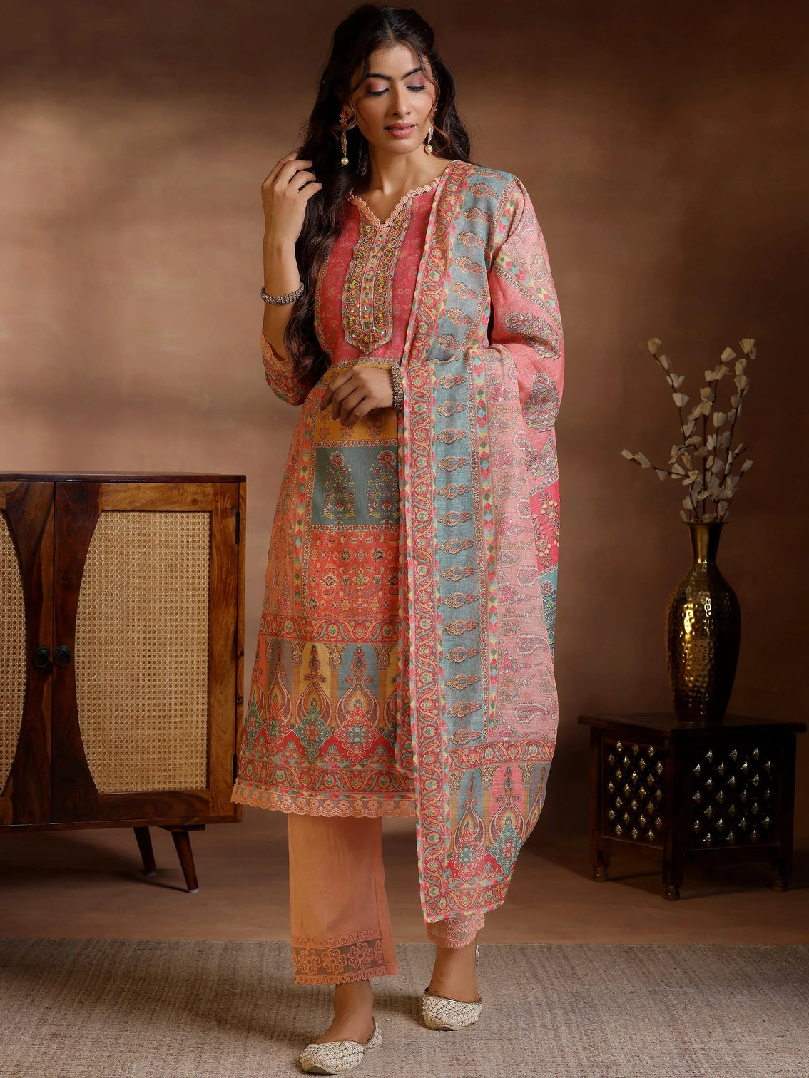 Mameraa Peach Printed Cotton Blend Straight Suit With Dupatta