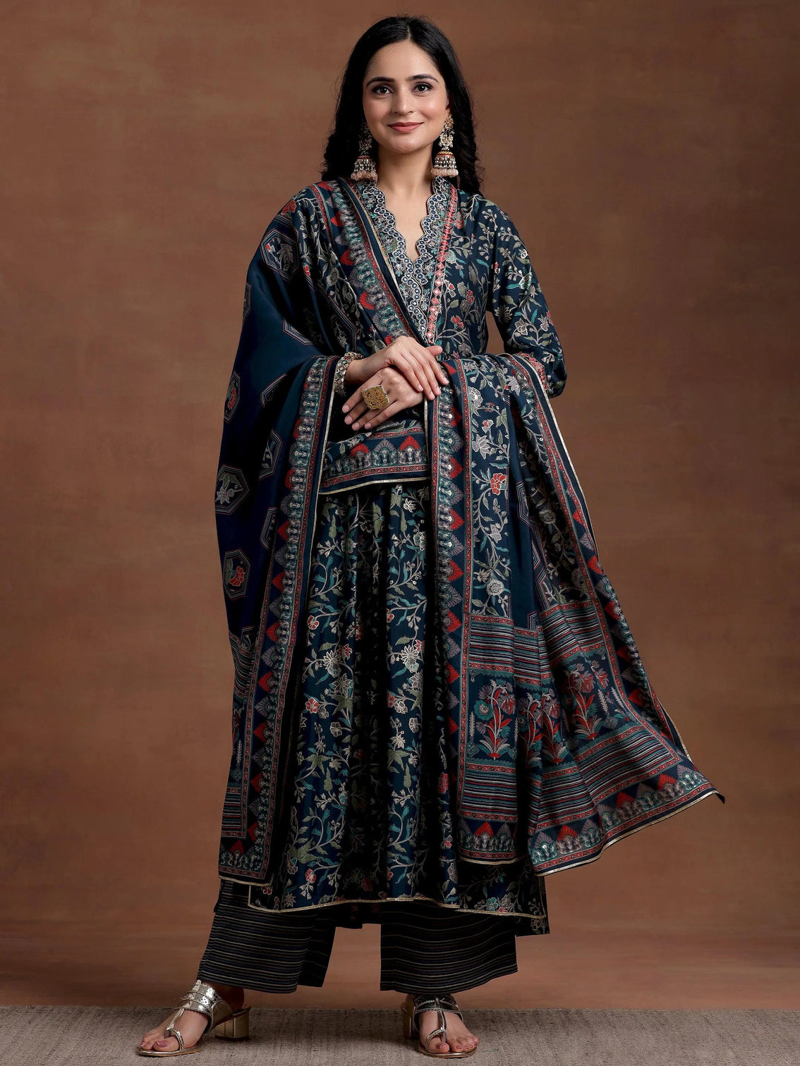 Mameraa Blue Printed Silk Blend A-Line Kurta With Palazzos & Dupatta
